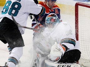 Alex Stalock stopped a Jordan Eberle scoring chance during first-period action Sunday at Rexall Place. (David Bloom, Edmonton Sun)