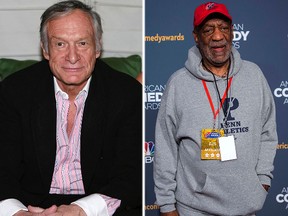 (L-R) Hugh Hefner and Bill Cosby. (Reuters file photos)