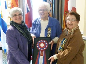 Evelyn Peck (left), president of the Federation Women’s Institutes of Ontario (FWIO), and Eleanor Williams (right), presented Donna Willows with the Woman of Excellence in Agriculture award. SUBMITTED