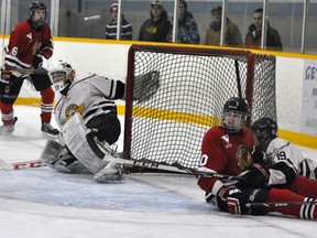 Joe McCarthy (10) of the Mitchell Hawks is driven into the post of their Western Jr. C game Sunday at home to Goderich, dislodging the net. Mitchell rallied from a 5-1 deficit to force overtime, but lost 6-5. ANDY BADER/MITCHELL ADVOCATE