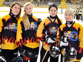 The National Ringette League (NRL) held a regular season game in Mitchell this past Saturday, Dec. 6 when the Waterloo Wildfire hosted Gloucester Devils. Four members of the Wildfire hail from Mitchell – Lindsey Vivian (left), Emily Bakker, Josie Scott and Robin Scott – and were in the starting lineup. Unfortunately, Gloucester won a hard-fought and entertaining game, 5-2. Bakker scored once and Vivian added an assist in the loss. ANDY BADER/MITCHELL ADVOCATE