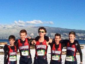 Members of the Saugeen Track and Field Club Youth Boys braved the winter weather to bring home the bronze medal in the U18 category of the Athletics Canada Canadian Cross County Championships in Vancouver. The team consisted of Steve DeJager, 17, of Goderich, Mitch Heyink, 16, of Hensall, Drew Horner, 15, and Adam Tait, 17, of Exeter and Dan Hilbers, 17, of Port Elgin. (CONTRIBUTED PHOTO)