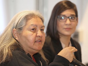 Chickadee Richards (l) and Sadie Lavoie of Idle No More speak at a press conference   in Winnipeg, Man. Monday December 08, 2014 to urge the National Energy Board to reconsider the scope of its review of the Energy East pipeline.
Brian Donogh/Winnipeg Sun/QMI Agency