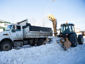 Following the largest snow removal of the season so far, Stony Plain’s Public Works department are once again fighting with Mother Nature to complete residential snow removal before it strikes again. - File photo