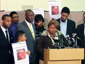 Samaria Rice, mother of Tamir Rice, speaks to the media at the Olivet Baptist Church in Cleveland, Dec. 8, 2014. (AARON JOSEFCZYK/Reuters)
