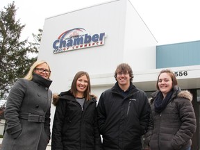 A Sarnia Lambton Chamber of Commerce group for young business professionals is reworking its image. Young Professionals (YP) of Sarnia-Lambton is looking to rebrand, beginning with a re-kick off event at the chamber Dec. 9. Pictured is the chamber's Debbie Harksen, left, who takes care of marketing and communications, with YP members Chantelle Core, Tyler Stephenson and Bevin Perdu. (TYLER KULA, The Observer)