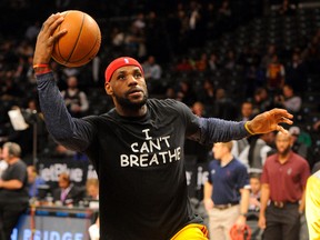 Cleveland Cavaliers forward LeBron James wears an ‘I Can't Breathe’ T-shirt prior to their game against the Brooklyn Nets at Barclays Center Monday. (Robert Deutsch/USA TODAY Sports)