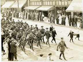 The 91st Battalion from Elgin county was among the first Canadians to sign up for the First World War.  Cheered on by their fellow citizens, here they march along Talbot St. in St. Thomas on their way to the train station and an unknown destiny in the trenches.
