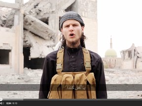 Sunday, Dec. 7, 2014 Ottawa -- Dressed in the garb of the mujahideen, John Maguire is shown on six-minute video posted to Youtube - and later taken down - and linked on several jihadist websites. The video contains a dire warning to Canadians and praises acts of Islamist extremism.Maguire, 23, believed to be from Kemptville disappeared last year and his family was told by law enforcement he had purchased a one-way ticket to Syria. He is believed to have been radicalized while still living in Canada.Screen capture from Internet Archives.