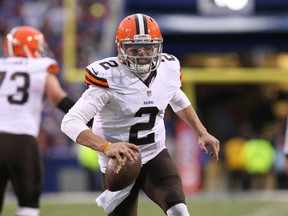Cleveland Browns quarterback Johnny Manziel (2) carries the ball to score a touchdown during the second half against the Buffalo Bills at Ralph Wilson Stadium on Nov 30, 2014. The Bills won 26-10. Timothy T. Ludwig-USA TODAY Sports