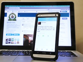 Acting Insp. Chris Barry of Belleville Police Service said inappropriate comments posted on Twitter by user “The Copper” from the account “@BPS_Finest”, above on smartphone, may be linked to a member of the city police force. An internal social media investigation was launched Tuesday, Dec. 9, 2014. - PHOTO ILLUSTRATION BY JEROME LESSARD/THE INTELLIGENCER/QMI AGENCY
