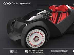 Local Motors rolled out its first 3D-printed car, the Strati, at the International Manufacturing Technology Show in Chicago. (LocalMotors.com)