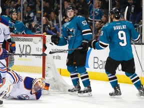 Tommy Wingels (57) celebrates a goal against the Oilers (Bob Stanton, USA Today Sports).