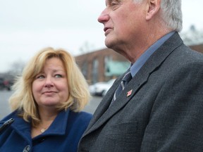 Tory MPPs Lisa Thompson and Toby Barrett speak to members of the media in London Tuesday at a consultation on neonicotinoid use. (CRAIG GLOVER, The London Free Press)