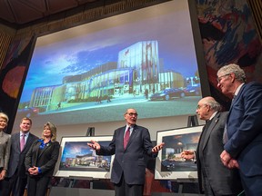 The new futuristic look of the NAC was unveiled at a Wednesday press conference. From left: Adrian Burns, acting NAC chairwoman, MP John Baird, Heritage minister Shelly Glover, NAC Director Peter Herrndorf, MPP Royal Galipeau and architect ​Donald Schmitt. (DANI-ELLE DUBE Ottawa Sun)