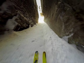 A point-of-view shot shows Cody Townsend's perspective as he skied through the mountain chute. (Facebook)