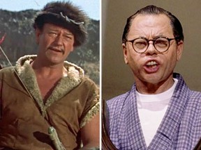 (L-R) John Wayne as Genghis Khan in The Conqueror (1956) and Mickey Rooney as Mr. Yunioshi in Breakfast at Tiffany’s (1961).