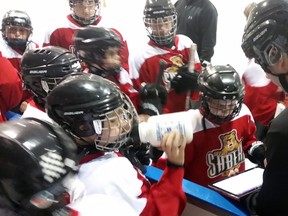 Mike Caron shows players on the minor hockey team he coaches instructions on his tablet. Caron and fellow Sarnia minor hockey head coach Ken Ayers had camera crews follow them around last week as they filmed an online series and a commercial for Hockey Canada and Samsung. (SUBMITTED PHOTO)