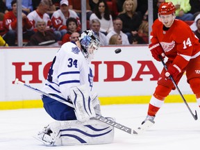 Maple Leafs goalie James Reimer makes a save on Detroit Red Wings' Gustav Nyquist on Dec. 10. (USA Today Sports)