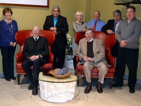 The newly re-instated members of the English-language public school bard for the region, District School Board Ontario Northeast. Seated (from left) Doug hearer, chair, and Bob Brush, Vice-chair. Standing (from left) Tom Henderson, Rosemary Pochopsky, Howard Anderson, Heather Bozzer, Saunders Porter, Bruce Cutten and Peter Osterberg. Dennis Draves and Wayne Major were not present for the photograph