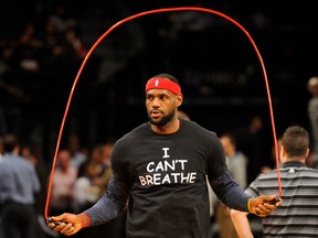 Cleveland Cavaliers forward LeBron James wears an " I Can't Breathe" t-shirt during warmups prior to a game against the Brooklyn Nets at Barclays Center on Dec. 8, 2014. (Robert Deutsch/USA TODAY Sports)
