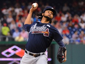 Atlanta Braves starting pitcher Ervin Santana (30) pitches during the first inning of a game against the Washington Nationals at Nationals Park. (Tommy Gilligan-USA TODAY Sports)