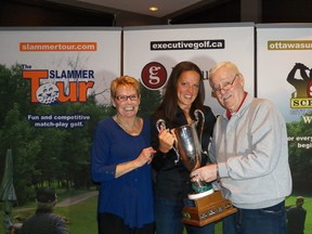 ﻿Luci Leblanc accepts the Preston Cup for the Slammer Tour's Slammer of the Year from Bill and Carole Ryan. SUBMITTED PHOTO