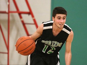 Horizon's Martin Mrochek brings the ball up court against Confederation on Thursday night. Mrochek was named the Cambrian College/Sudbury Star High School GameChanger for his performance in a one-point win over Lockerby.