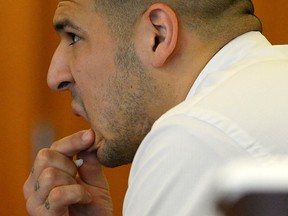 Former New England Patriots player Aaron Hernandez attends an evidentiary hearing at Bristol County Superior Court in Fall River, Massachusetts, October 2, 2014.    (REUTERS/CJ Gunther/Pool)