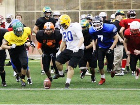 A group of Alberta all-star football players practice ahead of a showdown with their B.C. counterparts in Chilliwack.