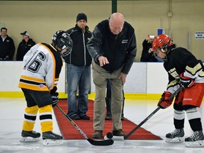 NHL Hall of Famer and three-time Stanley Cup champion Glenn Hall dropped the puck for the Stony Plain novice hockey tournament on Dec. 5. - Mitch Goldenberg, Reporter/Examiner