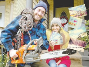 Fraser and Bailey Teeple take care of two of the letters for James Reaney?s A to Z Christmas list ? A for Arborist and P for Postcards. (Photo illustration by MIKE HENSEN, The London Free Press)