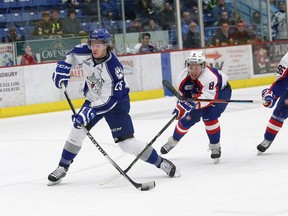 JOHN LAPPA/THE SUDBURY STAR/QMI AGENCY
The Sudbury Wolves battle the Windsor Spitfires at the Sudbury Community Arena on Friday night.