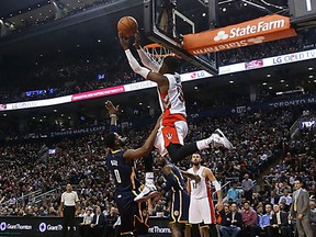 Terrence Ross goes hard to the hoop against the Pacers at the ACC on Friday night. (Michale Peake/Toronto Sun)