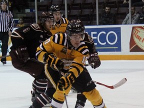 Sarnia Sting forward Alexandre Renaud slips in behind Peterborough Petes defencemen Steven Varga and Matt Spencer during OHL hockey Saturday night in Sarnia. The Petes won 4-3 in a shootout. (TERRY BRIDGE/THE OBSERVER)