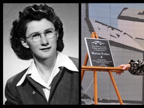 Left: a submitted photo of Marian Fisher in her younger years. Right: An Advocate file photo of a dedication to Fisher recognizing her efforts in making the Nine in a Line tribute mural at the Vulcan Business Development Society building a reality.