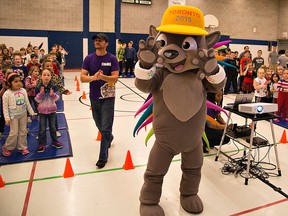 Pachi the Porcupine, the official mascot of the Toronto 2015 Pan Am Games, is pictured while visiting a school in Brantford in November. (QMI AGENCY PHOTO)