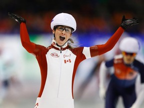 Ivani Blondin of Canada wins the women's mass start event at the ISU World Cup speed skating competition in Heerenveen, Dec. 14, 2014. (REUTERS/Michael Kooren)