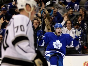 Mike Santorelli of the Maple Leafs whoops it up after scoring in Sunday evening's 4-3 shootout victory over the Los Angeles Kings in Toronto. (CRAIG ROBERTSON, Toronto Sun)