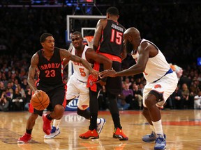 Raptors guard Louis Williams drives past New York Knicks guard Tim Hardaway Jr. (5) during the second quarter at Madison Square Garden on Sunday. (USA TODAY Sports)