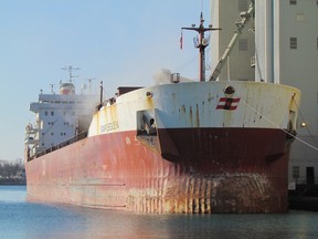 The Mapleglen is shown in this file photo loading recently at the Cargill grain elevators at Sarnia Harbour. The St. Lawrence Seaway reported recently that the total amount of cargo shipped through the system so far this year is up 5% over 2013. FILE PHOTO/THE OBSERVER