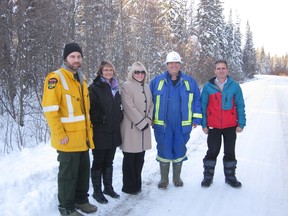 The FireSmart program will involve a number of partnerships. Pictured are Wade Colwell, AESRD; Rita Moir Division, 2 Councillor and Deputy Reeve; Shirley Mahan, Acting Reeve; Colin Campbell, CBC Consulting and Lee Chambers, Director of Community Services for Brazeau County.