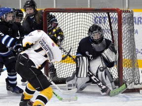 Connor Lockhart (11) of the Mitchell Atoms fires a shot at the Saugeen Shores net during WOAA regular season action last Friday, Dec. 12. Lockhart scored five goals in an impressive 14-1 rout. ANDY BADER/MITCHELL ADVOCATE