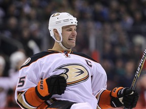 Anaheim Ducks centre Ryan Getzlaf celebrates his second-period goal during NHL action against the Winnipeg Jets at MTS Centre in Winnipeg, Man., on Dec. 13, 2014. (KEVIN KING/QMI Agency)