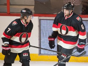 Jan 30, 2014; Ottawa, Ontario, CAN; Ottawa Senators right wing Bobby Ryan (6) celebrates with center Kyle Turris (7) after scoring a goal in the third period against the Tampa Bay Lightning at the Canadian Tire Centre. The Senators defeated the Lightning 5-3. Mandatory Credit: Marc DesRosiers-USA TODAY Sports