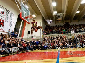 The high-flying athleticism of Marlon Taylor is on display here. The hard-working Mount Vernon basketball star earned raves from spectators in winning the annual slam-dunk contest at the REB on Thursday and continued to play above the rim in every tournament game. Mindful of the Knights’ overall youth, coach Bob Cimmino prepared them to leave Edmonton on Sunday in preparation for a tournament this weekend in Florida. (Supplied)