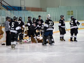 Teddy bears tumble to the ice in the second period of play at the MCC arena after the senior Huskies' first goal. The Huskies ended up losing a hard-fought game 3-5 to Fort Macleod. John Stoesser photos/QMI Agency