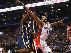 Landry Fields, going up for a layup against the Pacers, has been a godsend off the end of the Raptors bench since DeMar DeRozan was hurt. (MICHAEL PEAKE, Toronto Sun)