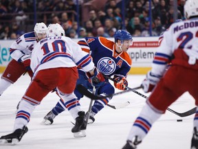 Dallas Eakins says Taylor Hall, shown here playing against the Rangers on Sunday, has shown àmazing growth`over the past year. (Ian Kucerak, Edmonton Sun)
