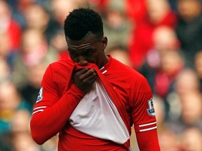Liverpool's Daniel Sturridge reacts during their English Premier League soccer match against Newcastle United at Anfield in Liverpool, northern England May 11, 2014. (REUTERS)